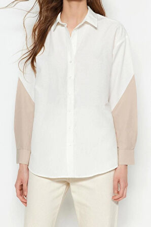 Moda Kadın Gömlek Yaka Düz Desen Günlük Renk Bloklu Boyfriend Geniş Kalıp Dokuma Gömlek