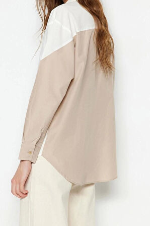 Moda Kadın Gömlek Yaka Düz Desen Günlük Renk Bloklu Boyfriend Geniş Kalıp Dokuma Gömlek