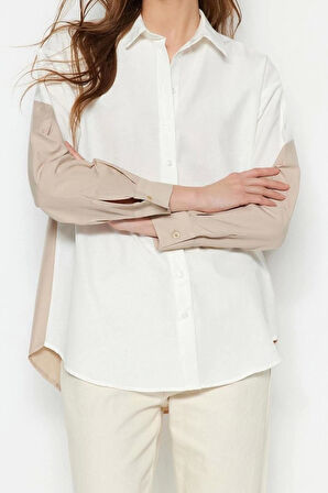 Moda Kadın Gömlek Yaka Düz Desen Günlük Renk Bloklu Boyfriend Geniş Kalıp Dokuma Gömlek