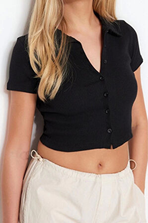Moda Polo Yaka Örme Slim Düz Desen Casual Günlük Crop Kısa Kol Bluz