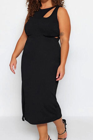 Moda Fit Gündüz Gece Krep Örme Bisiklet Yaka Kolsuz Kol Bodycone Midi Boy Büyük Beden Elbise