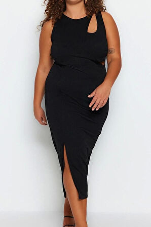 Moda Fit Gündüz Gece Krep Örme Bisiklet Yaka Kolsuz Kol Bodycone Midi Boy Büyük Beden Elbise