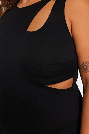 Moda Fit Gündüz Gece Krep Örme Bisiklet Yaka Kolsuz Kol Bodycone Midi Boy Büyük Beden Elbise