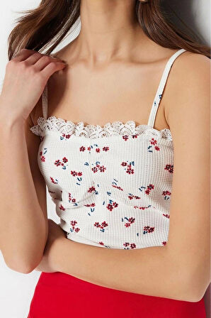Moda Kare Yaka Örme Slim Çiçekli Desen Casual Günlük Crop Askılı Kol Bluz