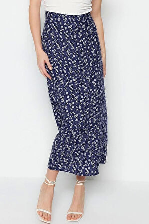 Moda Regular Retro Desen Günlük Midi Boy Viskon Kumaşlı Midi Boy Dokuma Etek