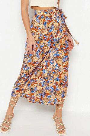 Moda Regular Çiçekli Desen Günlük Midi Boy Kruvaze Viskon Kumaş Midi Boy Dokuma Etek