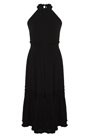 Moda Rahat Casual Günlük Crinkle Dokuma Bisiklet Yaka Kolsuz Kol A-Line Midi Boy Büyük Beden Elbise