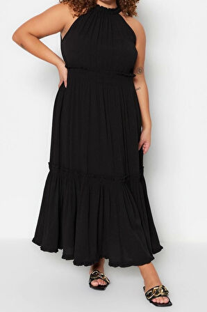 Moda Rahat Casual Günlük Crinkle Dokuma Bisiklet Yaka Kolsuz Kol A-Line Midi Boy Büyük Beden Elbise