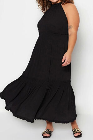 Moda Rahat Casual Günlük Crinkle Dokuma Bisiklet Yaka Kolsuz Kol A-Line Midi Boy Büyük Beden Elbise