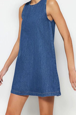 Moda Rahat Casual Günlük Rigid Denim Bisiklet Yaka Kolsuz Kol Basic Mini Boy Elbise