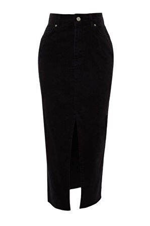 Moda Denim Düz Desen Günlük Maxi Boy Yırtmaçlı Maxi Denim Etek