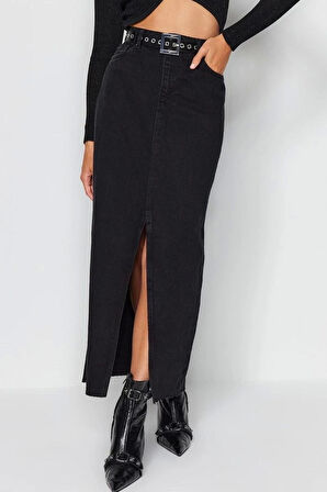 Moda Denim Düz Desen Günlük Maxi Boy Yırtmaçlı Maxi Denim Etek