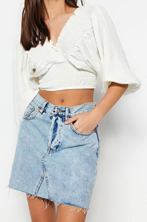 Moda V Yaka Örme Regular Düz Desen Resmi Crop Truvakar Kol Kol Bluz