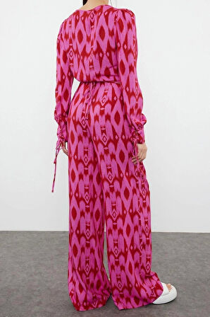 Moda Dokuma Tropikal V Yaka Plaj Etnik Desenli Dokuma Bluz Pantolon Takım