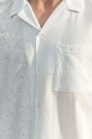 Moda Erkek Apaş Yaka Geometrik Desen Şık Gece Limited Edition Oversize Brode Bloklu Yazlık Gömlek