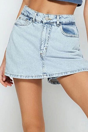 Moda Denim Yüksek Bel Geniş Paça Gündelik Açık Mavi Yırtıklı Denim Şort