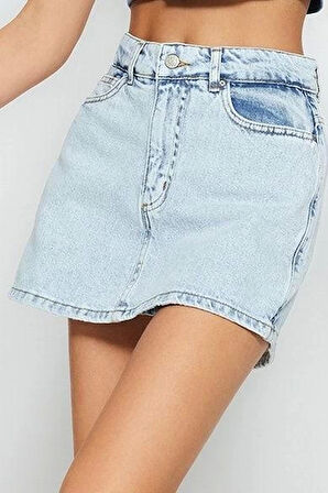 Moda Denim Yüksek Bel Geniş Paça Gündelik Açık Mavi Yırtıklı Denim Şort