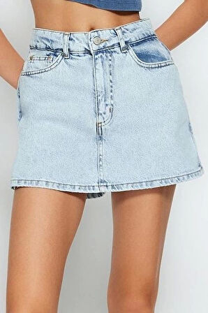 Moda Denim Yüksek Bel Geniş Paça Gündelik Açık Mavi Yırtıklı Denim Şort