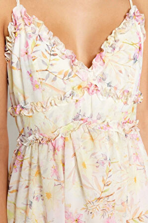 Moda Askılı V Yaka Mor Çiçekli Desenli A-Kesim Fırfır Detaylı Astarlı Şifon Maxi Dokuma Elbise