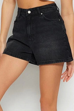 Büyük Beden Moda Denim Yüksek Bel Geniş Paça Gündelik Koyu Mavi Yüksek Bel Destroylu Şort Bermuda