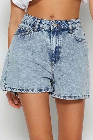 Büyük Beden Moda Denim Yüksek Bel Geniş Paça Gündelik Koyu Mavi Yüksek Bel Destroylu Şort Bermuda