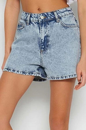Büyük Beden Moda Denim Yüksek Bel Geniş Paça Gündelik Koyu Mavi Yüksek Bel Destroylu Şort Bermuda