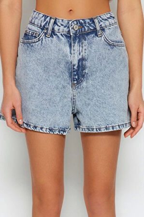 Büyük Beden Moda Denim Yüksek Bel Geniş Paça Gündelik Koyu Mavi Yüksek Bel Destroylu Şort Bermuda