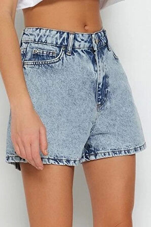 Büyük Beden Moda Denim Yüksek Bel Geniş Paça Gündelik Koyu Mavi Yüksek Bel Destroylu Şort Bermuda