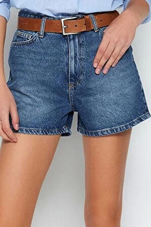 Büyük Beden Moda Denim Yüksek Bel Geniş Paça Gündelik Koyu Mavi Yüksek Bel Destroylu Şort Bermuda