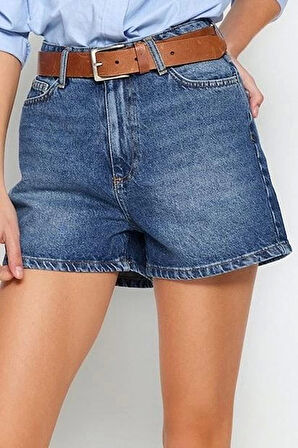 Büyük Beden Moda Denim Yüksek Bel Geniş Paça Gündelik Koyu Mavi Yüksek Bel Destroylu Şort Bermuda