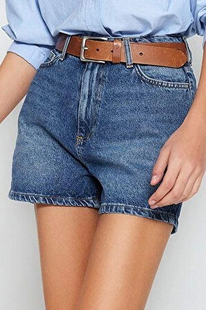 Büyük Beden Moda Denim Yüksek Bel Geniş Paça Gündelik Koyu Mavi Yüksek Bel Destroylu Şort Bermuda