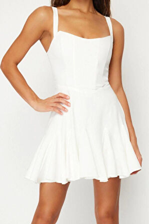 Moda Fitted Kalp Yaka Mini Boy Bridal Astarlı Korse Detaylı Biyeli Dokuma Kısa Abiye Gece Elbise