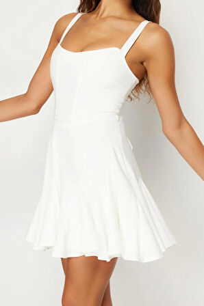 Moda Fitted Kalp Yaka Mini Boy Bridal Astarlı Korse Detaylı Biyeli Dokuma Kısa Abiye Gece Elbise