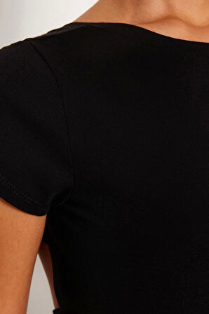 Moda Bisiklet Yaka Örme Slim Düz Desen Casual Günlük Crop Kısa Kol Bluz