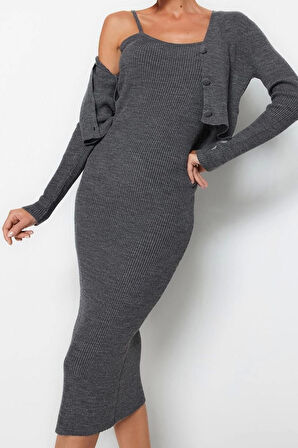 Moda Slim Casual Günlük Fitilli Triko V Yaka Uzun Kol Bodycone Midi Boy Elbise