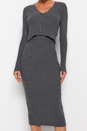 Moda Slim Casual Günlük Fitilli Triko V Yaka Uzun Kol Bodycone Midi Boy Elbise