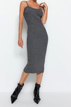Moda Slim Casual Günlük Fitilli Triko V Yaka Uzun Kol Bodycone Midi Boy Elbise