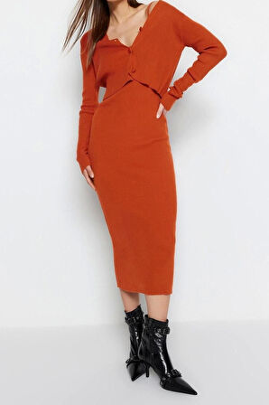 Moda Slim Casual Günlük Fitilli Triko V Yaka Uzun Kol Bodycone Midi Boy Elbise