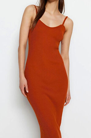 Moda Slim Casual Günlük Fitilli Triko V Yaka Uzun Kol Bodycone Midi Boy Elbise