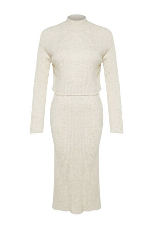 Tarz Kadın Modern Moda Yüksek Bel Geniş Paça Bisiklet Yaka Crop Basic Etekli Triko Alt-Üst Takım