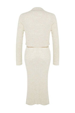 Tarz Kadın Modern Moda Yüksek Bel Geniş Paça Bisiklet Yaka Crop Basic Etekli Triko Alt-Üst Takım