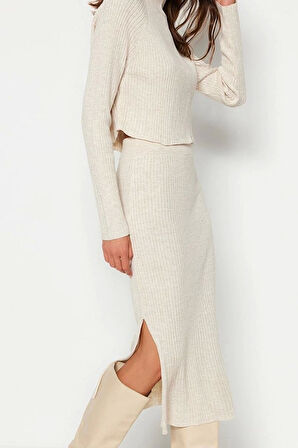 Tarz Kadın Modern Moda Yüksek Bel Geniş Paça Bisiklet Yaka Crop Basic Etekli Triko Alt-Üst Takım