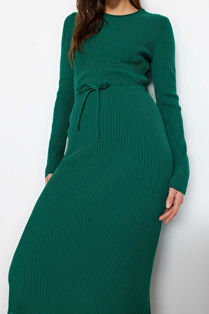 Moda Slim Casual Günlük Tek Plaka Triko Bisiklet Yaka Uzun Kol Bodycone Midi Boy Elbise
