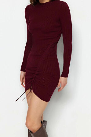 Moda Slim Gündüz Gece Tek Plaka Triko Bisiklet Yaka Uzun Kol Bodycone Mini Boy Elbise