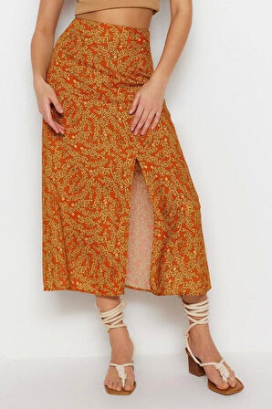 Moda A-line Günlük Midi Boy Yırtmaçlı Detaylı Viskon Kumaşlı Hayvan Desenli Midi Dokuma Etek