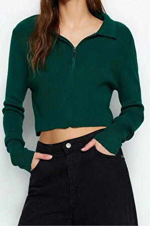 Kadın Modern Tarz Slim Polo Yaka Crop Triko Hırka