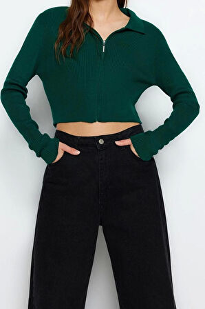 Kadın Modern Tarz Slim Polo Yaka Crop Triko Hırka