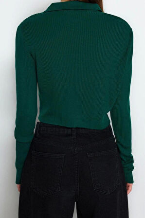 Kadın Modern Tarz Slim Polo Yaka Crop Triko Hırka