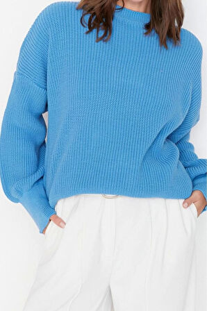 Stil Modern Kadın Regular Balon Kol Bisiklet Yaka Geniş Kalıp Basic Triko Kazak