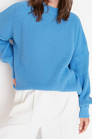 Stil Modern Kadın Regular Balon Kol Bisiklet Yaka Geniş Kalıp Basic Triko Kazak